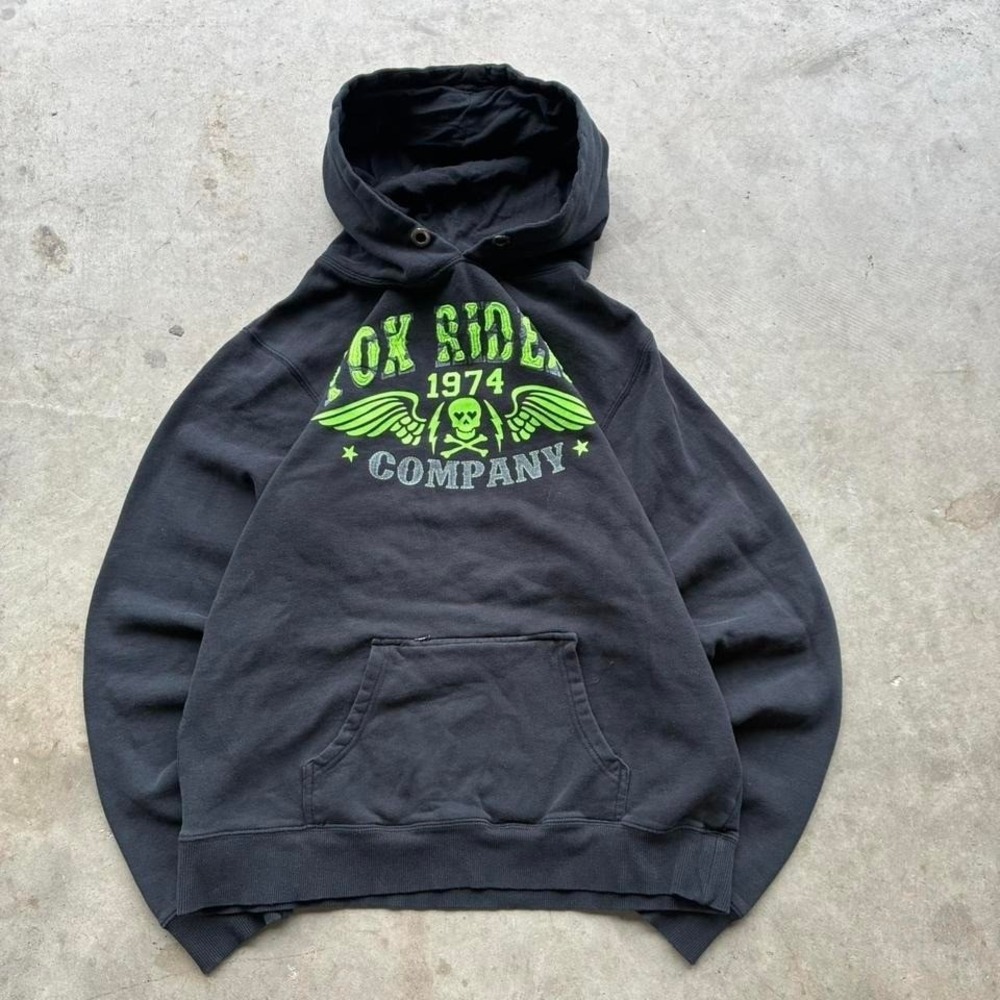 Vintage black slightly faded lettered‎ fox riding co green and black hoodie